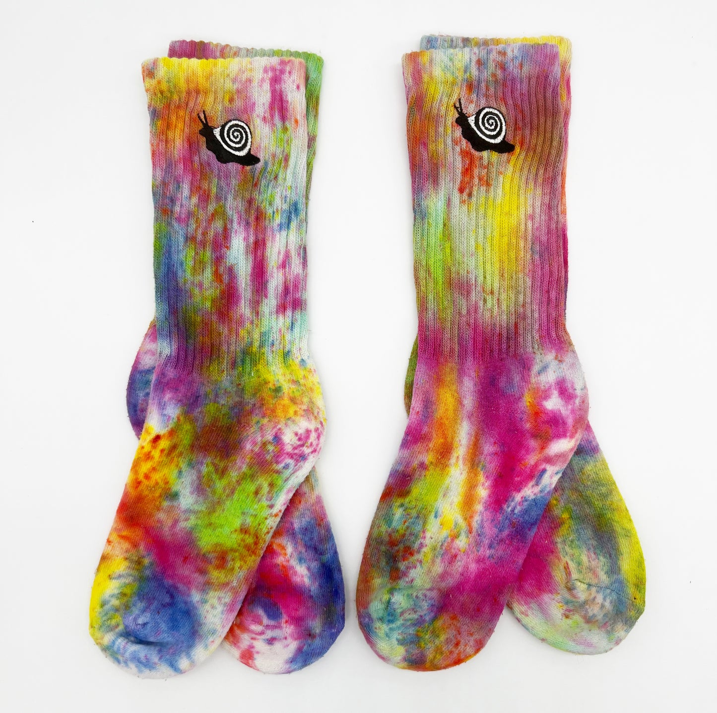 Party Rainbow dyed socks with black and white embroidered spiral snail